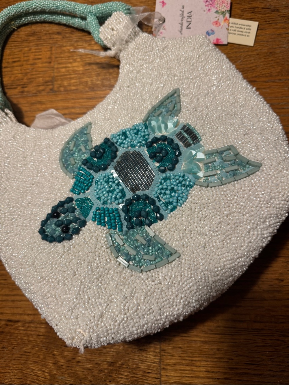 T.J.Maxx White Beaded Tote with Teal Sea Turtle Accent
